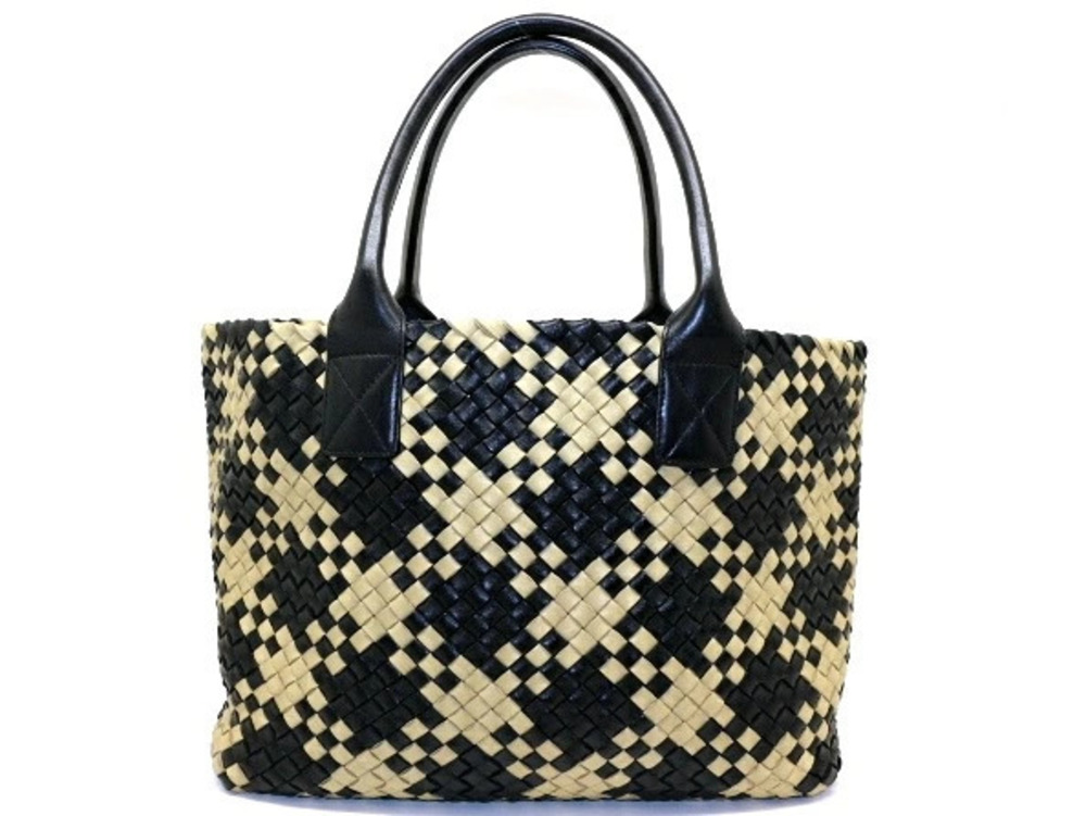 BOTTEGA VENETA Cabas Intrecciato Tote Bag Beige Cream Black Calfskin